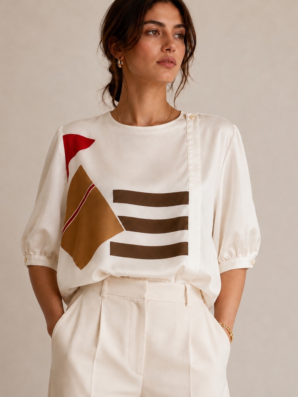 Franck Olivier Paris White Abstract Asymmetrical Blouse Silk Feel